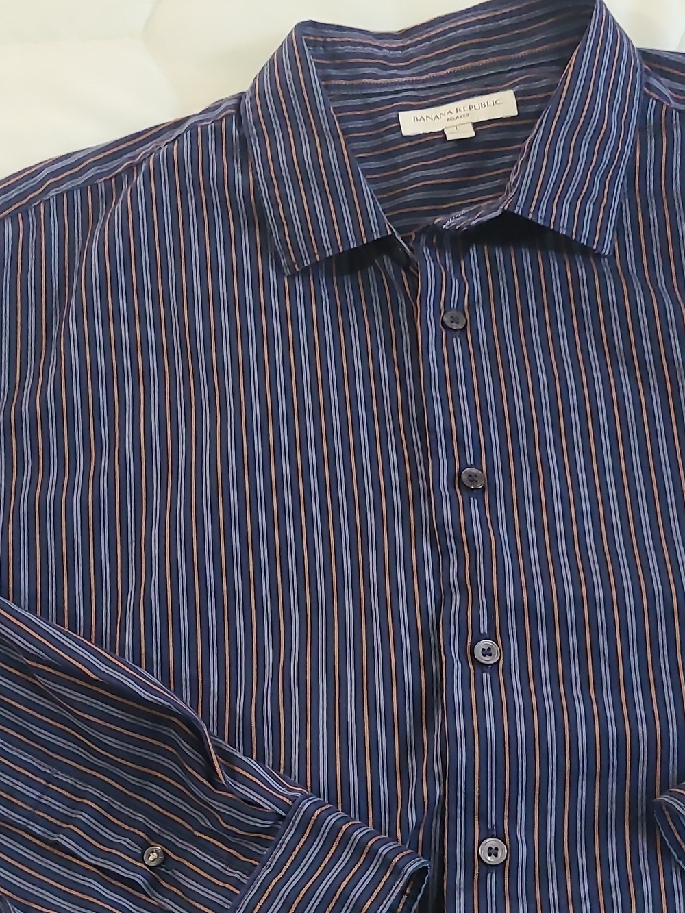 Banana Republic Men's Relaxed Fit Blue/Brown Striped Long Sleeve Dress Shirt L